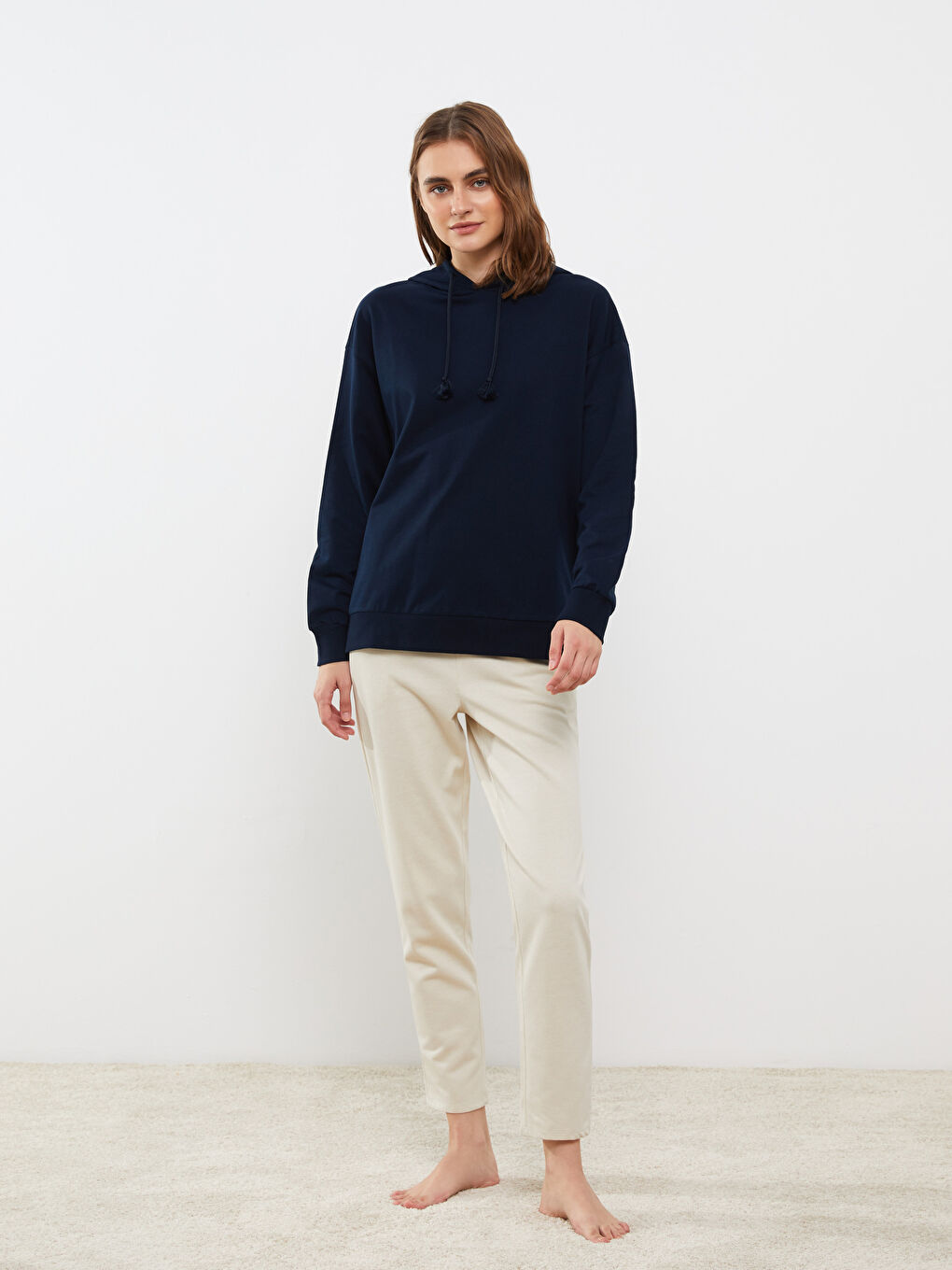 Lacivert Kapüşonlu Düz Uzun Kollu Kadın Pijama Üst-2