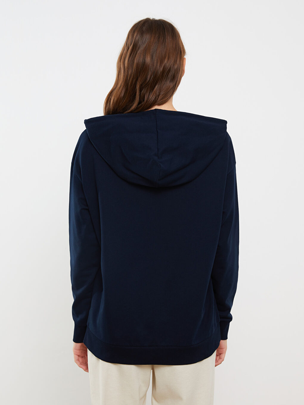 Lacivert Kapüşonlu Düz Uzun Kollu Kadın Pijama Üst-4
