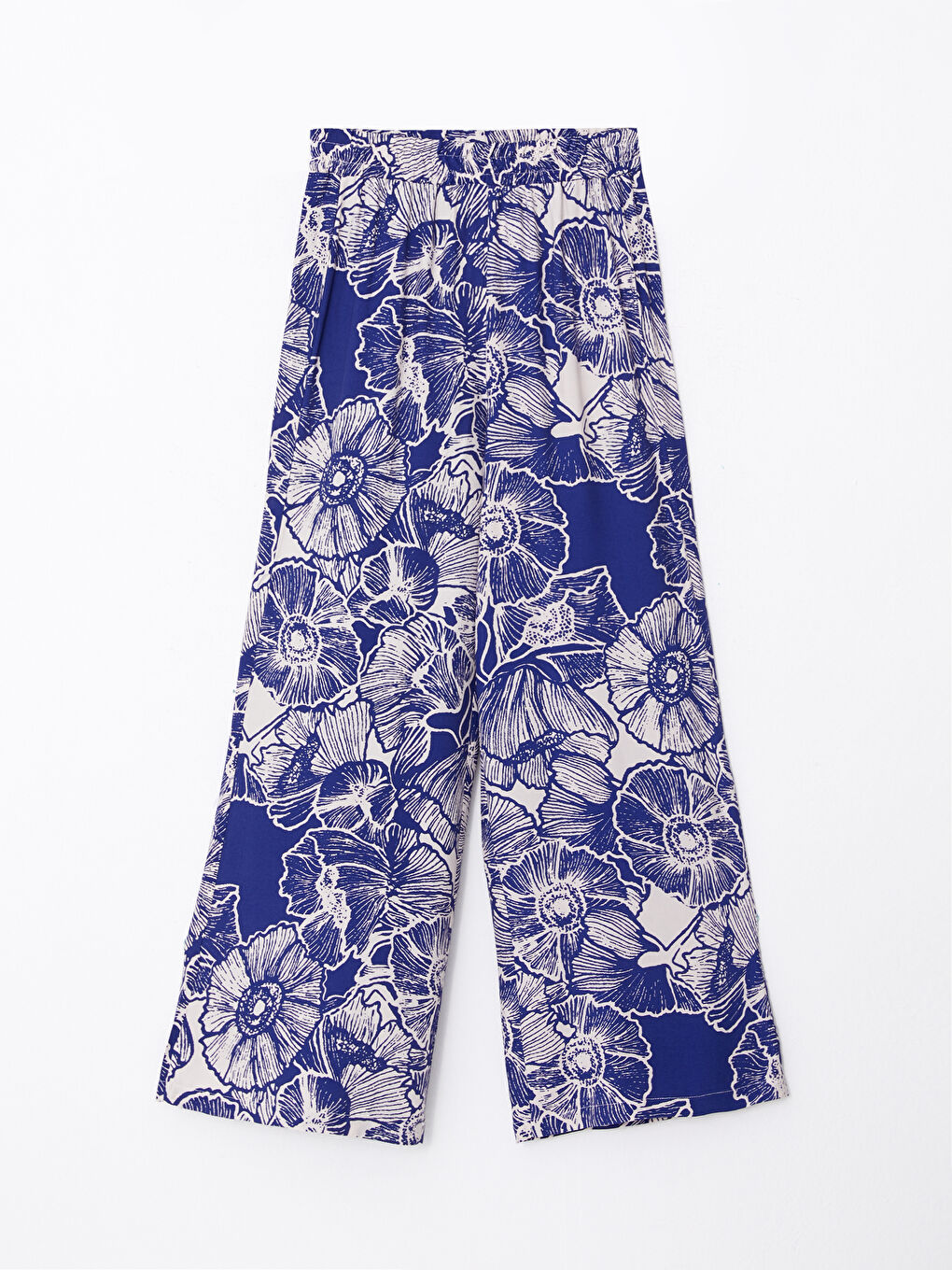 Mavi Beli Lastikli Rahat Kalıp Desenli Viskon Kadın Pantolon-5