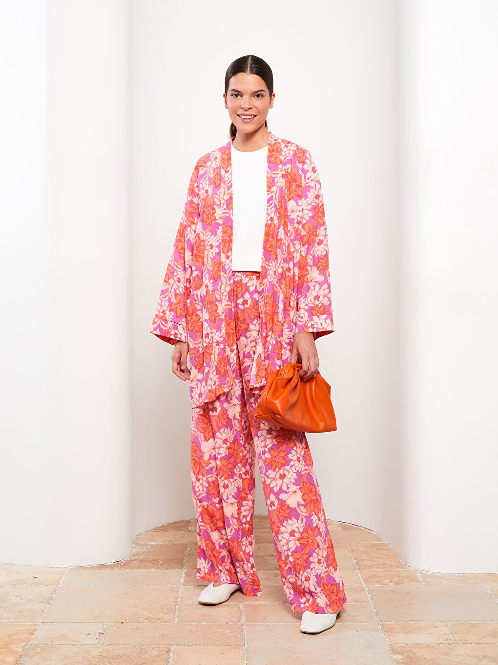 Lila Beli Lastikli Rahat Kalıp Desenli Viskon Kadın Pantolon-1