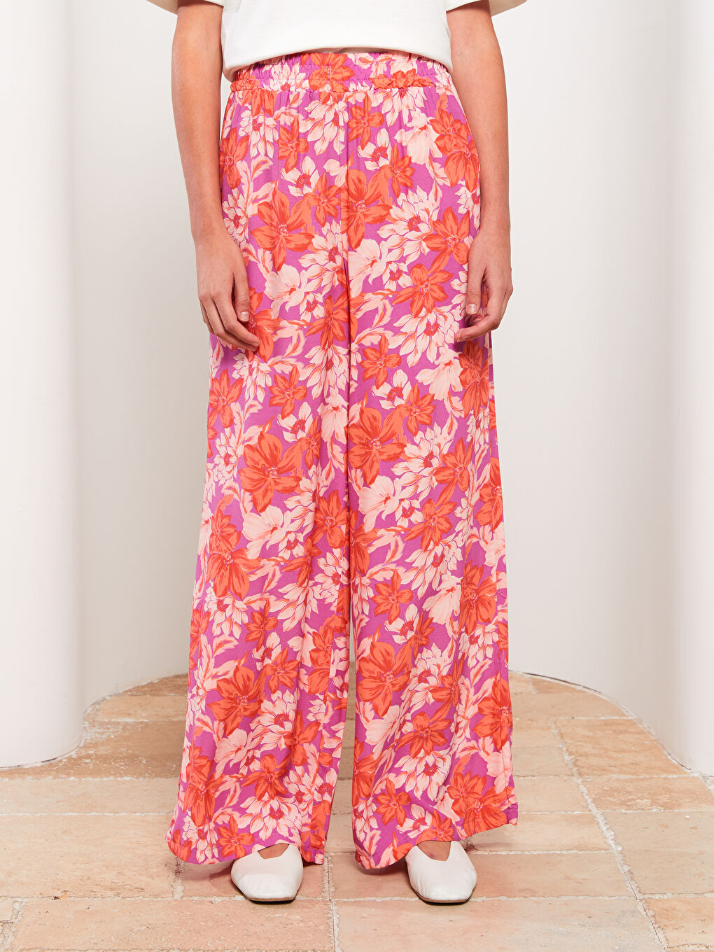 Lila Beli Lastikli Rahat Kalıp Desenli Viskon Kadın Pantolon-2