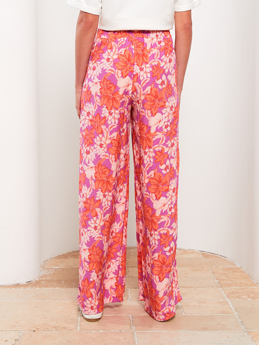 Lila Beli Lastikli Rahat Kalıp Desenli Viskon Kadın Pantolon-3