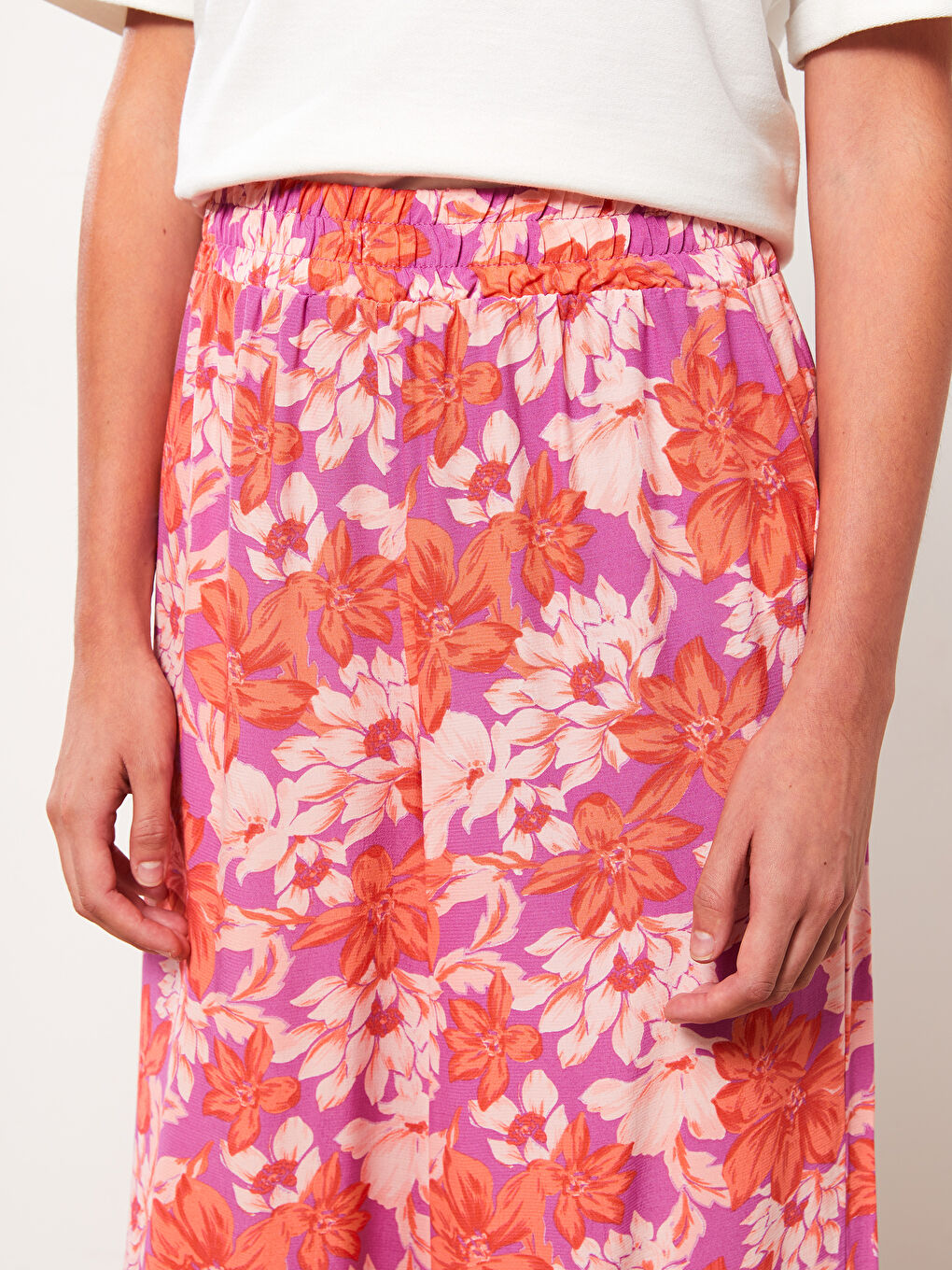 Lila Beli Lastikli Rahat Kalıp Desenli Viskon Kadın Pantolon-4