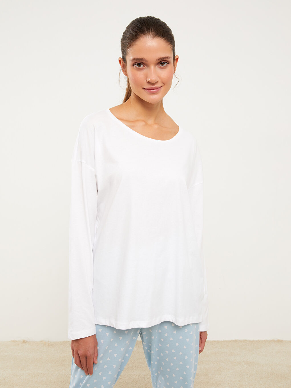 Mavi Bisiklet Yaka Desenli Uzun Kollu Pamuklu Kadın Pijama Takımı