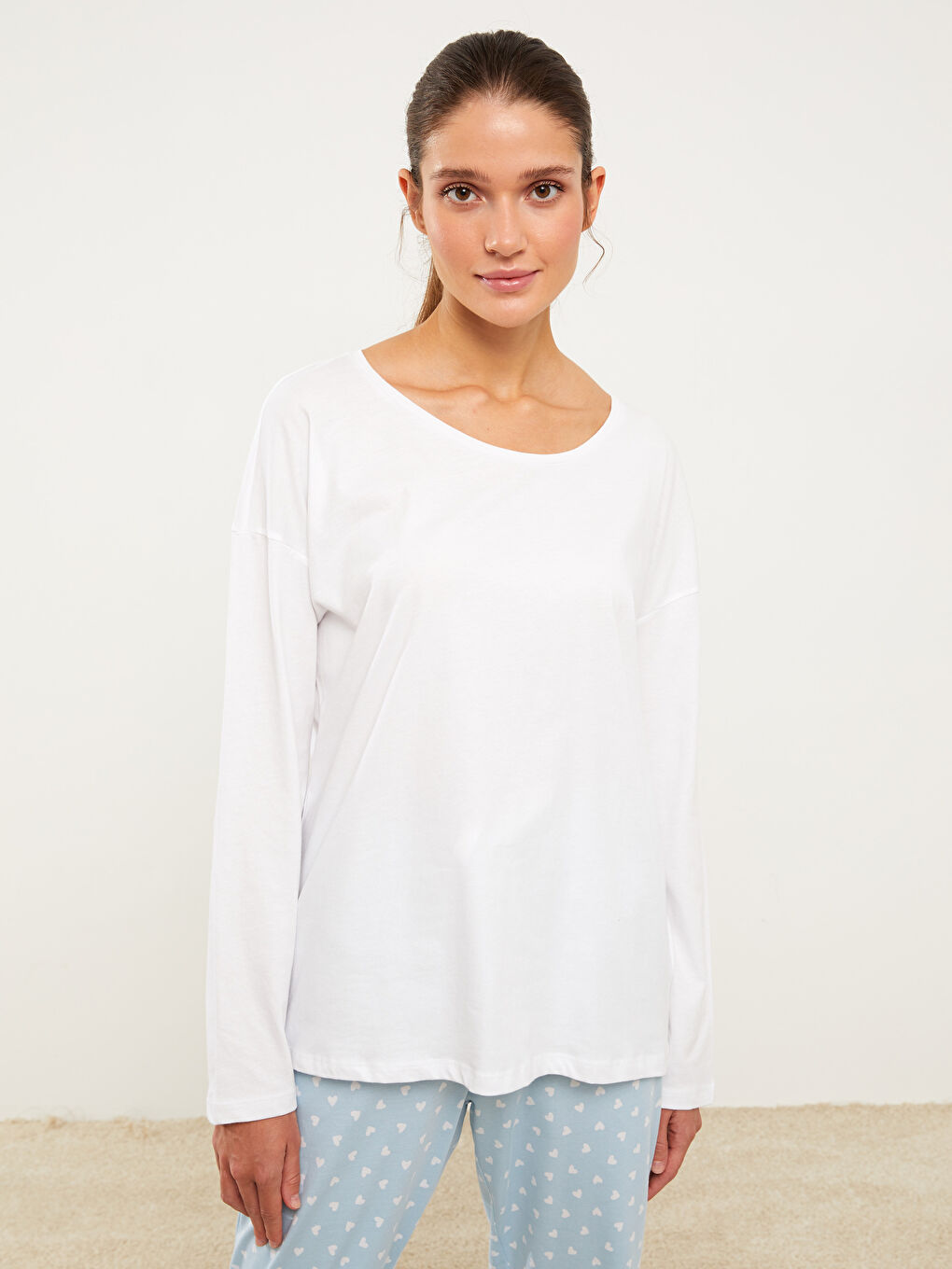 Mavi Bisiklet Yaka Desenli Uzun Kollu Pamuklu Kadın Pijama Takımı-1