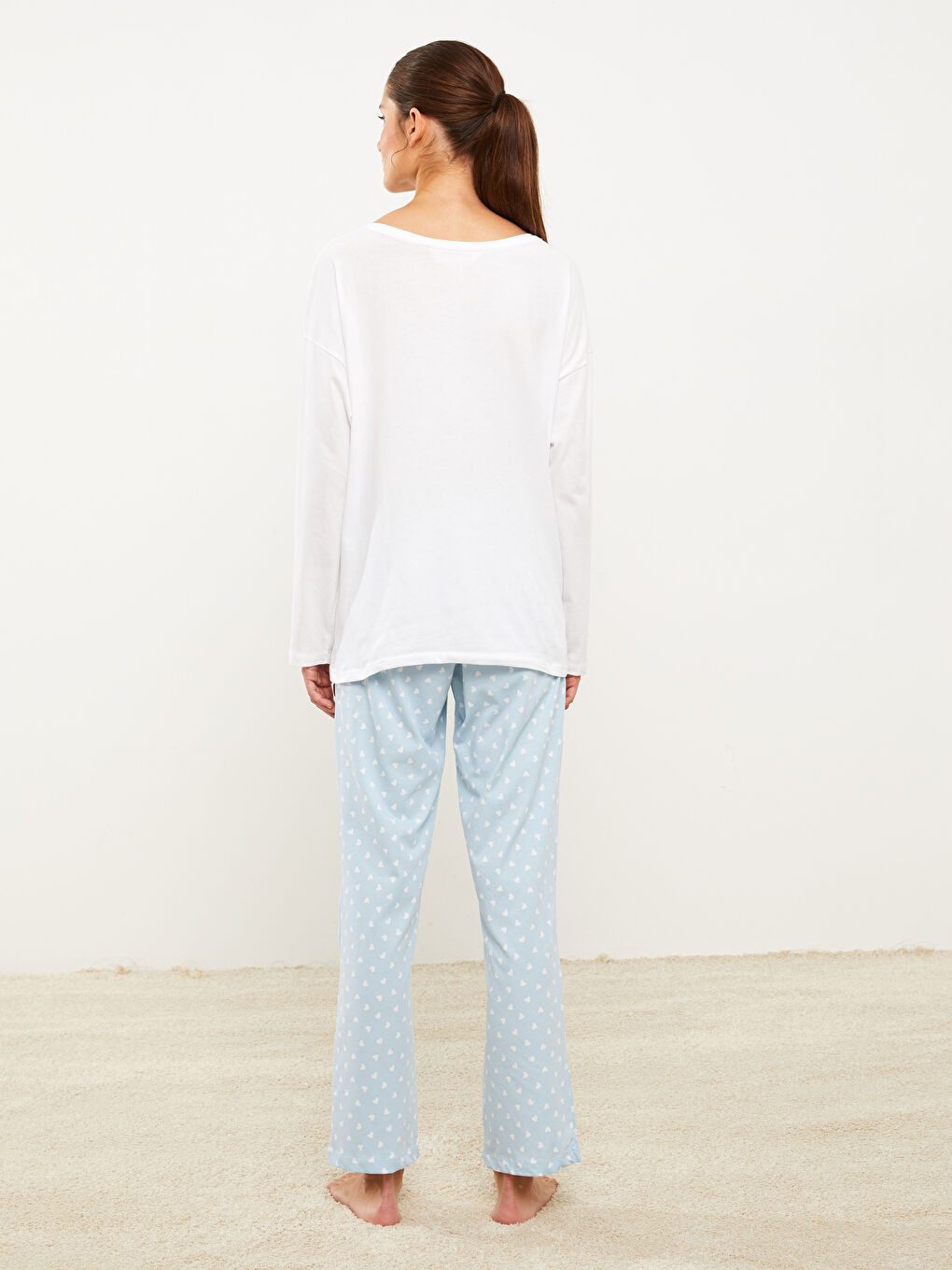 Mavi Bisiklet Yaka Desenli Uzun Kollu Pamuklu Kadın Pijama Takımı-4