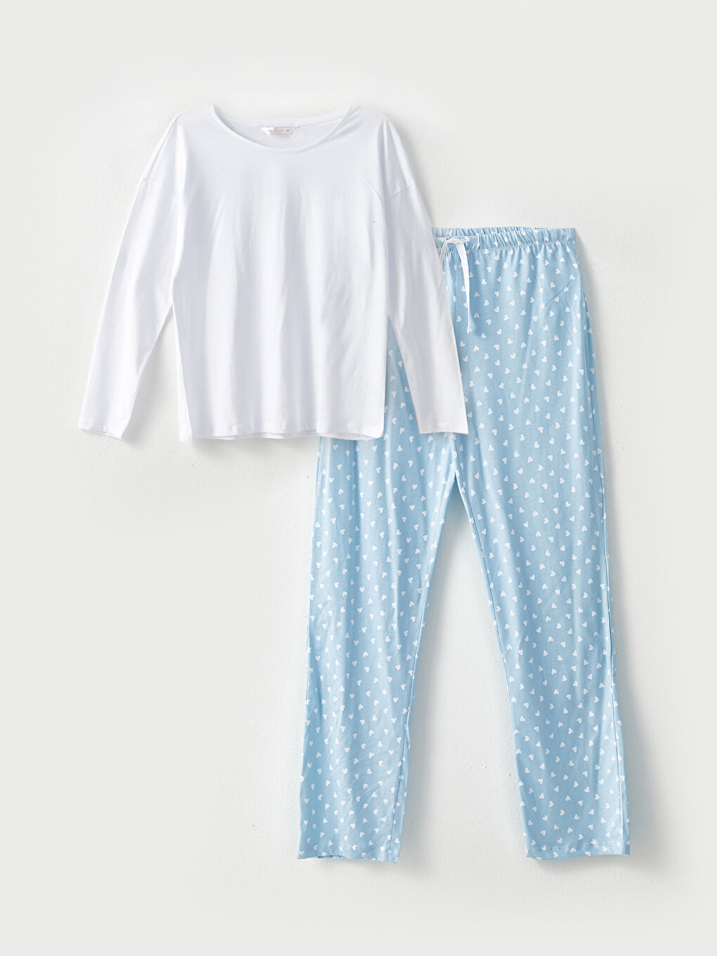 Mavi Bisiklet Yaka Desenli Uzun Kollu Pamuklu Kadın Pijama Takımı-5