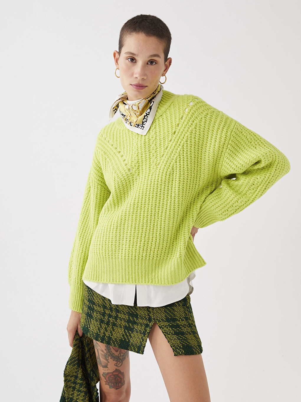 Pulover Tricotat cu Model, Guler Tip Pâlnie pentru Femei-3