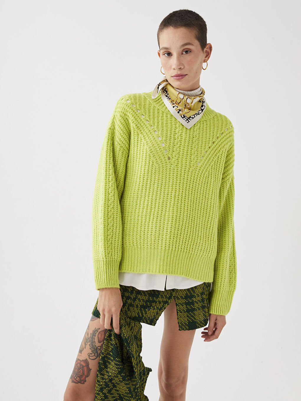 Pulover Tricotat cu Model, Guler Tip Pâlnie pentru Femei-9