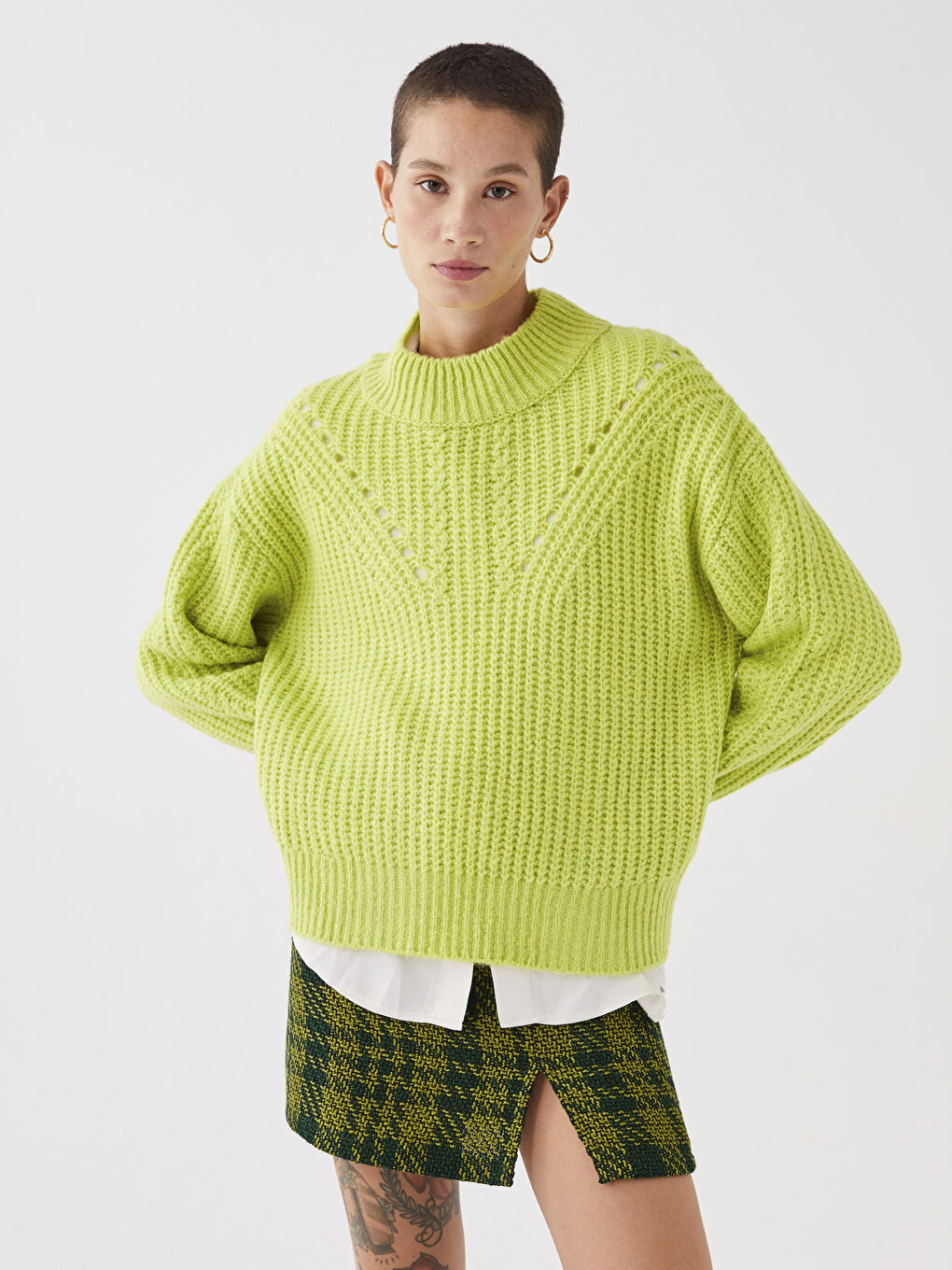 Pulover Tricotat cu Model, Guler Tip Pâlnie pentru Femei-12