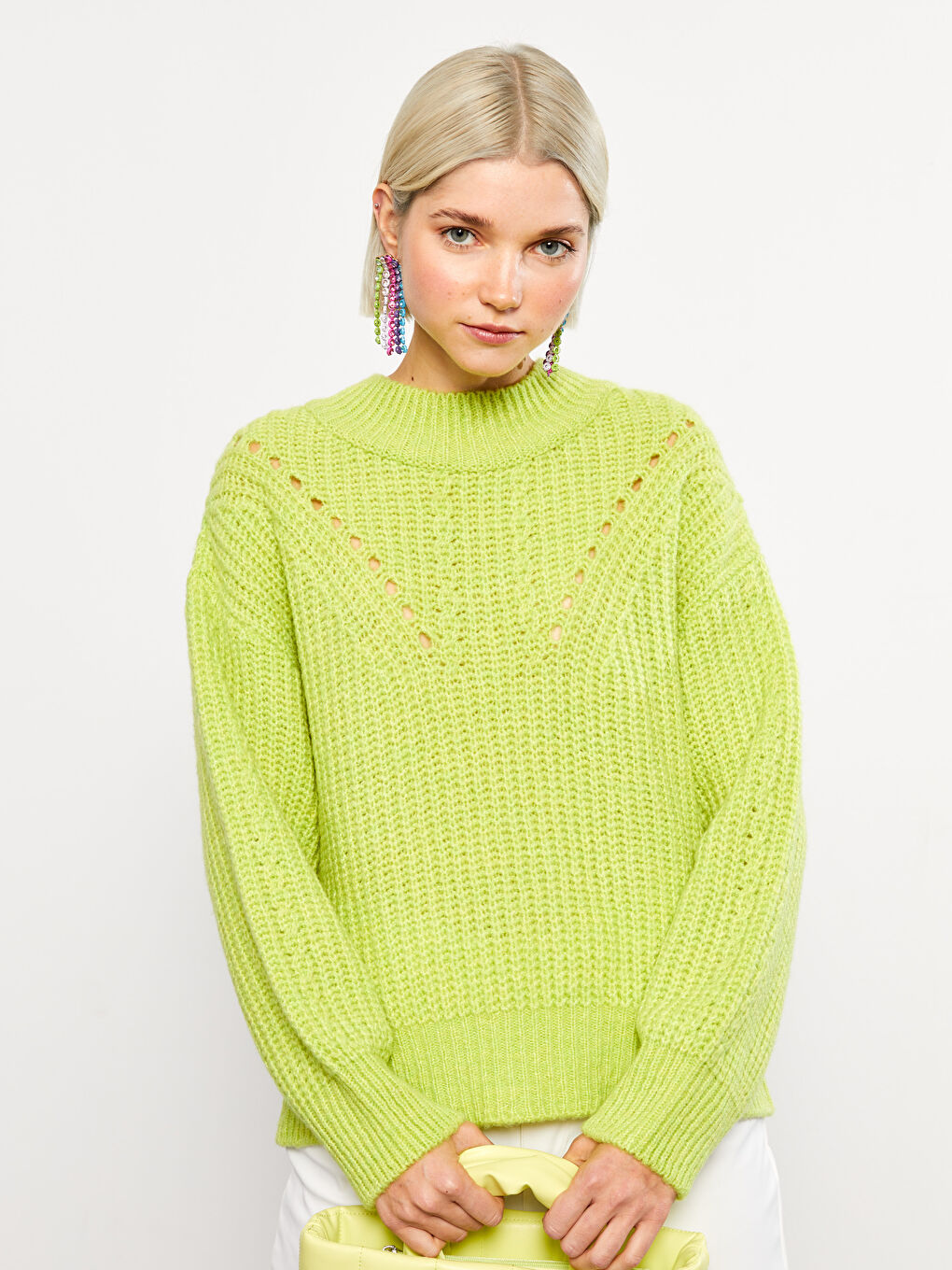 Pulover Tricotat cu Model, Guler Tip Pâlnie pentru Femei-4