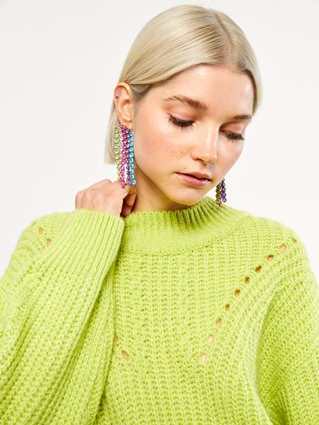 Pulover Tricotat cu Model, Guler Tip Pâlnie pentru Femei-10