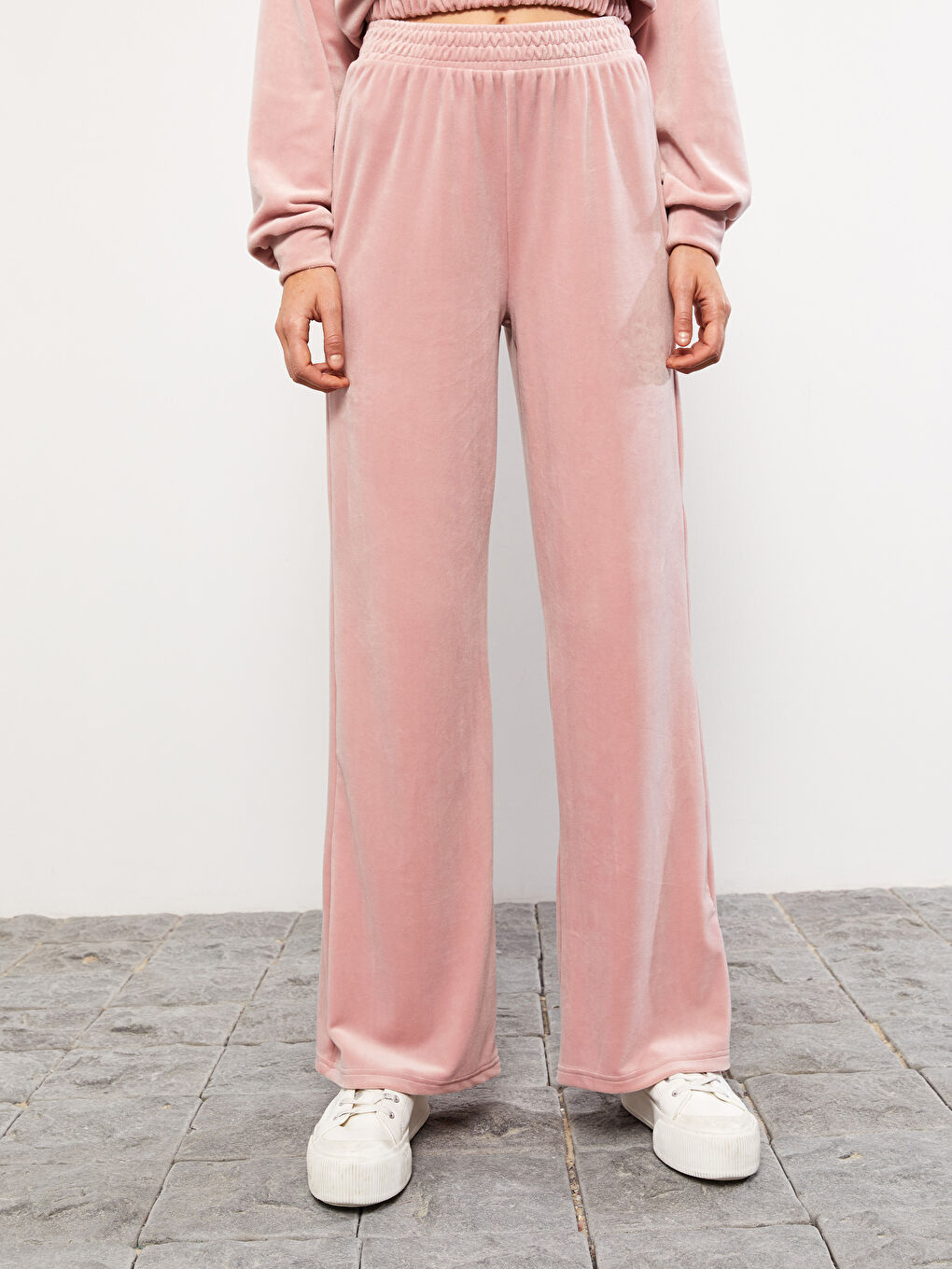 Pembe Beli Lastikli Düz Kadife Kadın Eşofman Altı-3