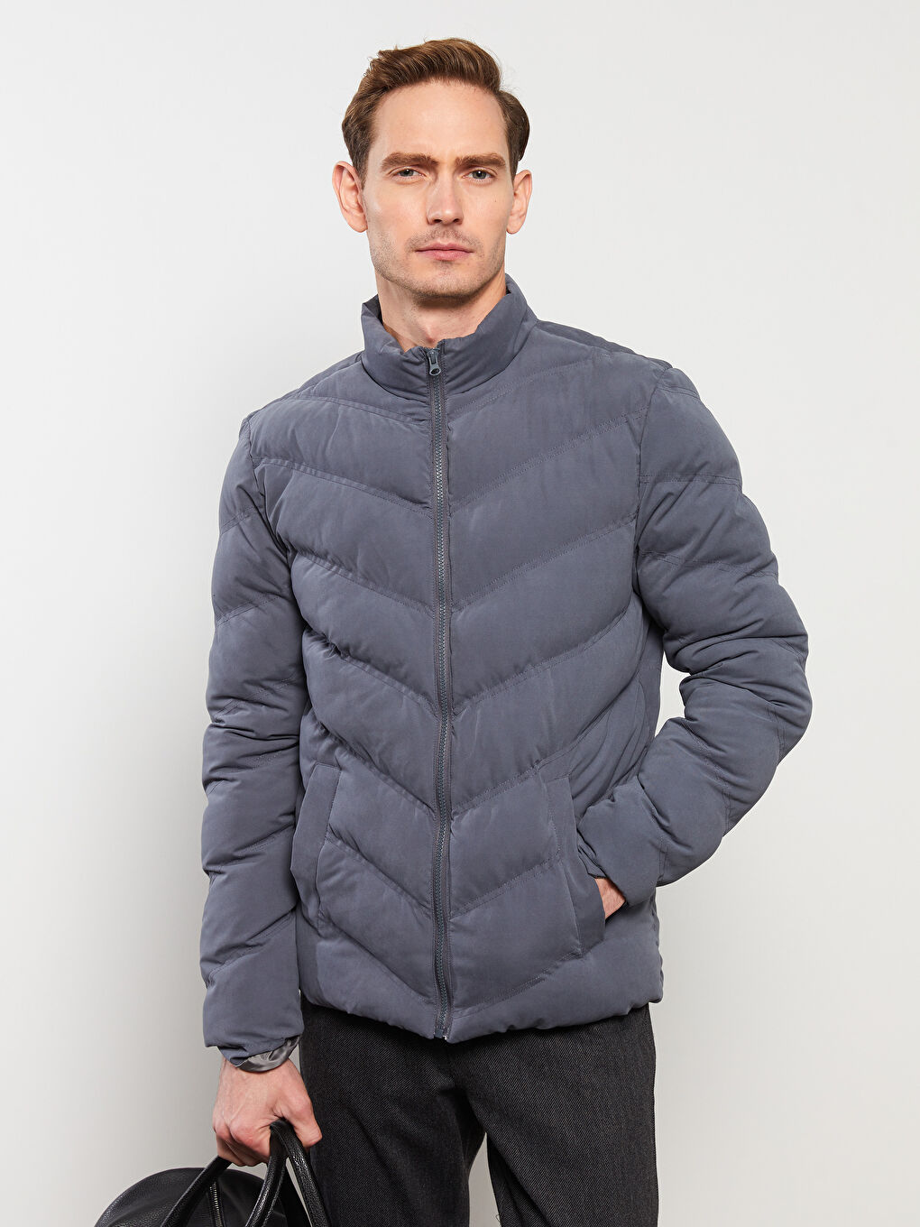 Antrasit Standart Kalıp Dik Yaka Erkek Şişme Mont