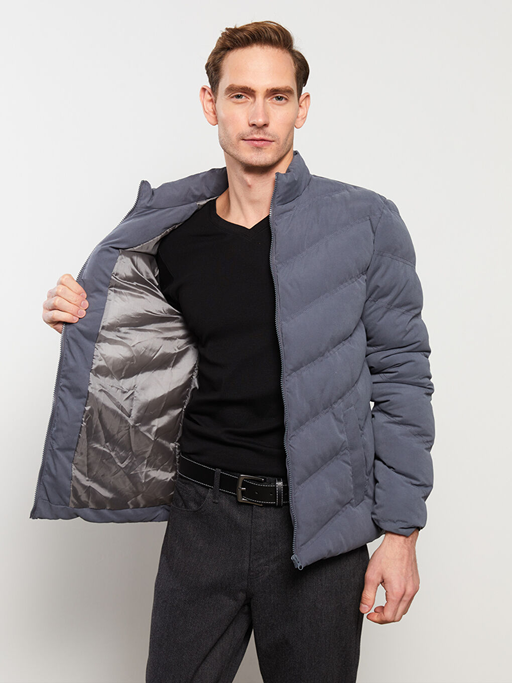 Antrasit Standart Kalıp Dik Yaka Erkek Şişme Mont-2