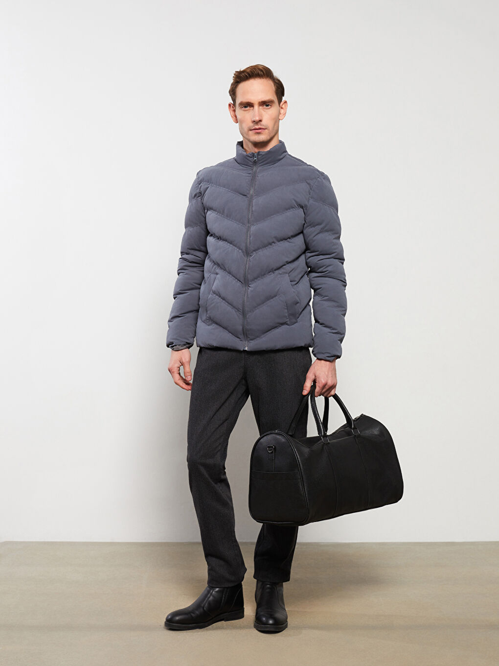 Antrasit Standart Kalıp Dik Yaka Erkek Şişme Mont-1