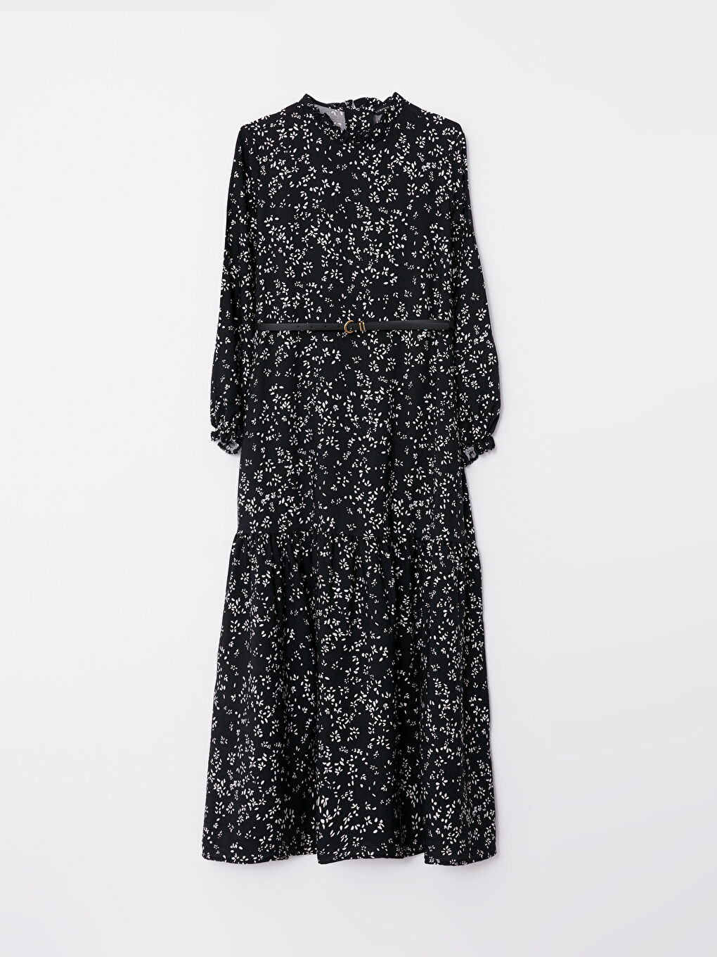 Siyah Fırfırlı Dik Yaka Desenli Uzun Kollu Kadın Elbise ve Kemer Takımı-5