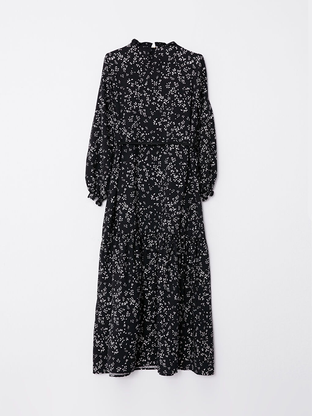 Siyah Fırfırlı Dik Yaka Desenli Uzun Kollu Kadın Elbise ve Kemer Takımı-6