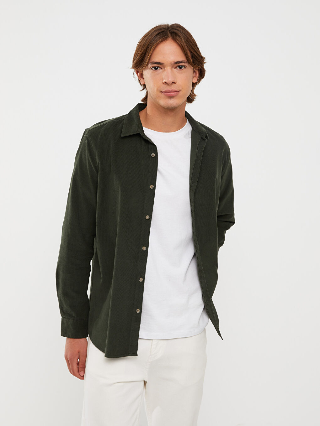 Haki Regular Fit Uzun Kollu Kadife Erkek Gömlek Ceket