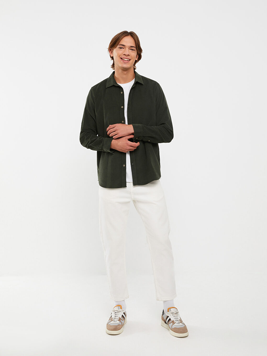 Haki Regular Fit Uzun Kollu Kadife Erkek Gömlek Ceket-2