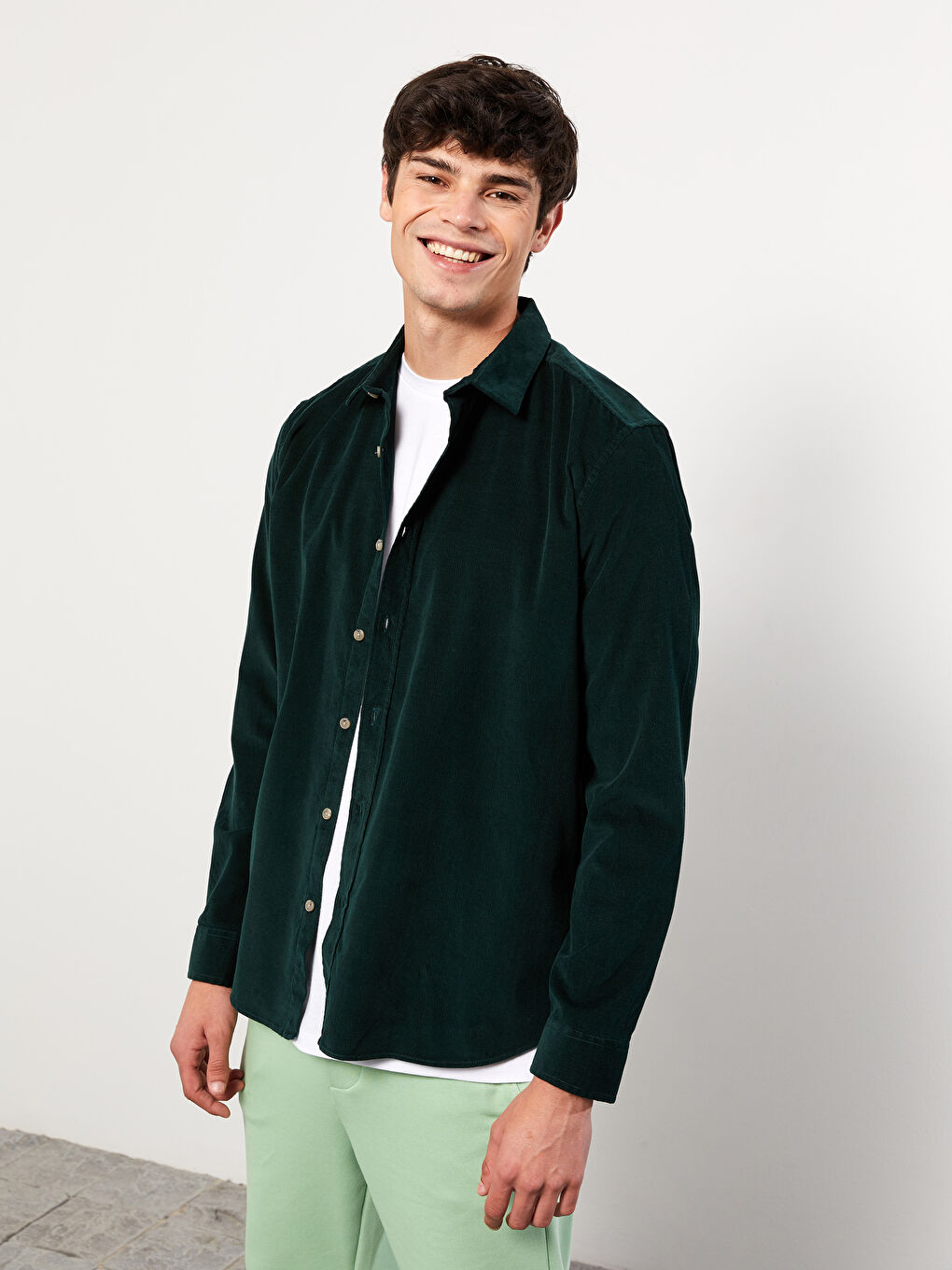 Yeşil Regular Fit Uzun Kollu Kadife Erkek Gömlek Ceket