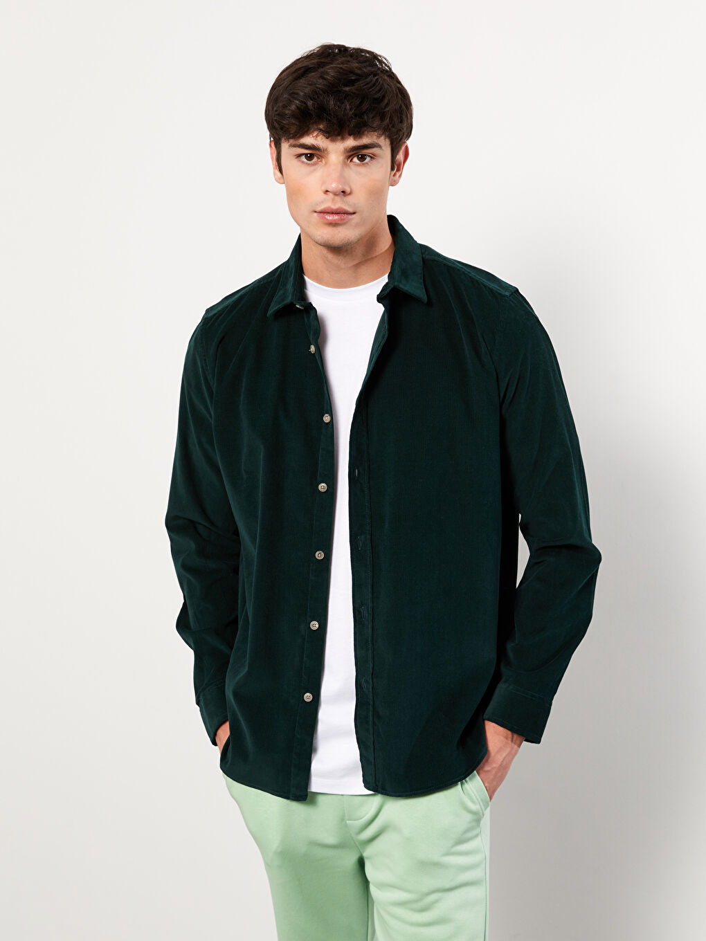 Yeşil Regular Fit Uzun Kollu Kadife Erkek Gömlek Ceket-1