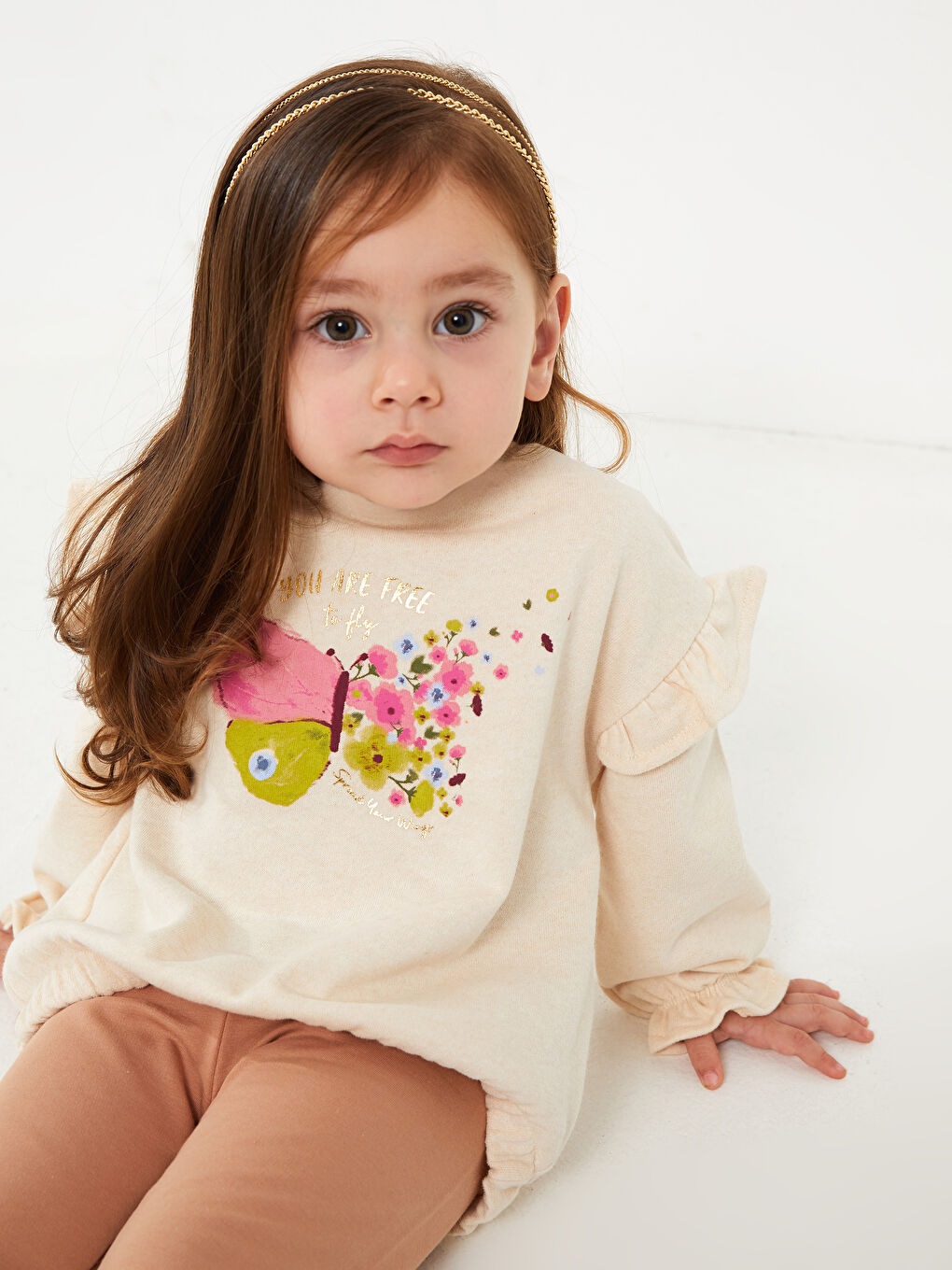 Bej Bisiklet Yaka Uzun Kollu Pamuklu Kız Bebek Sweatshirt