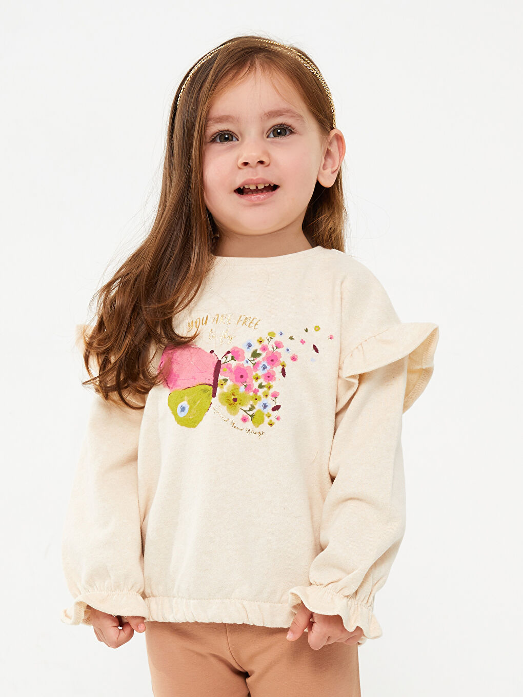 Bej Bisiklet Yaka Uzun Kollu Pamuklu Kız Bebek Sweatshirt-1