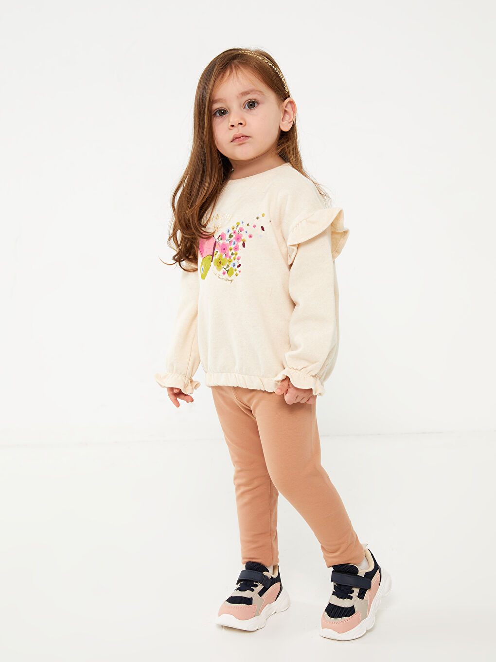 Bej Bisiklet Yaka Uzun Kollu Pamuklu Kız Bebek Sweatshirt-2