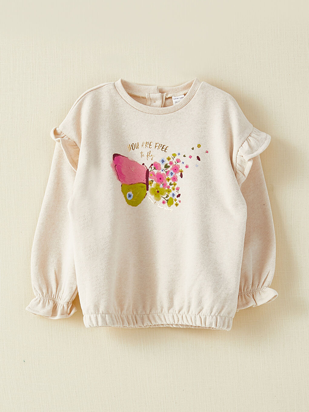 Bej Bisiklet Yaka Uzun Kollu Pamuklu Kız Bebek Sweatshirt-3