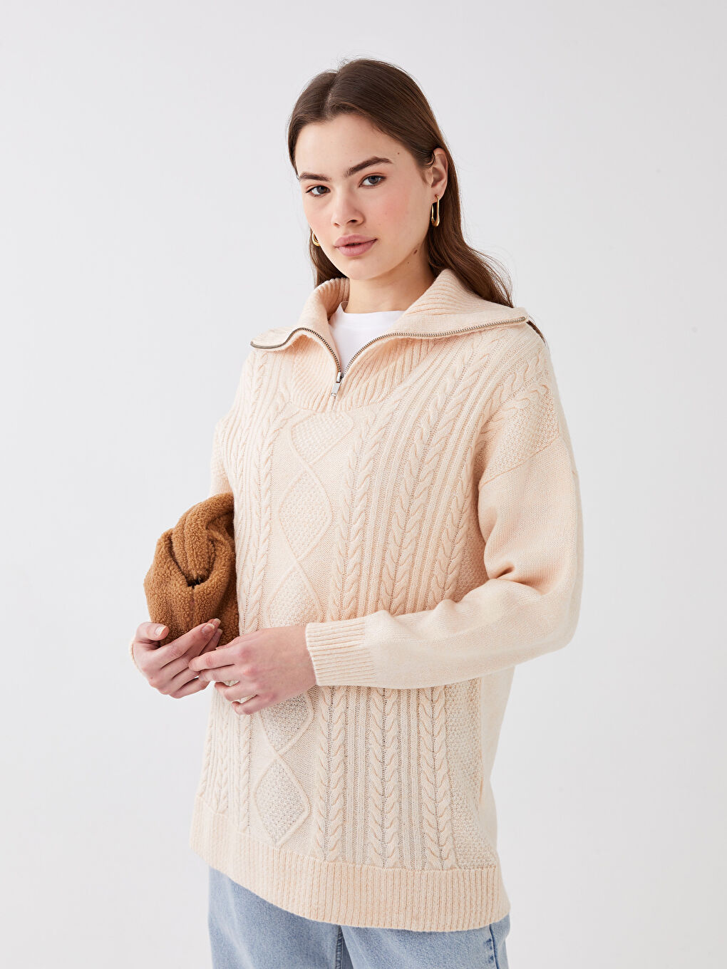 LCW Modest Polo Neck Patterned Long Sleeve Women's Knitwear Tunic. -W2H946Z8-SDG
