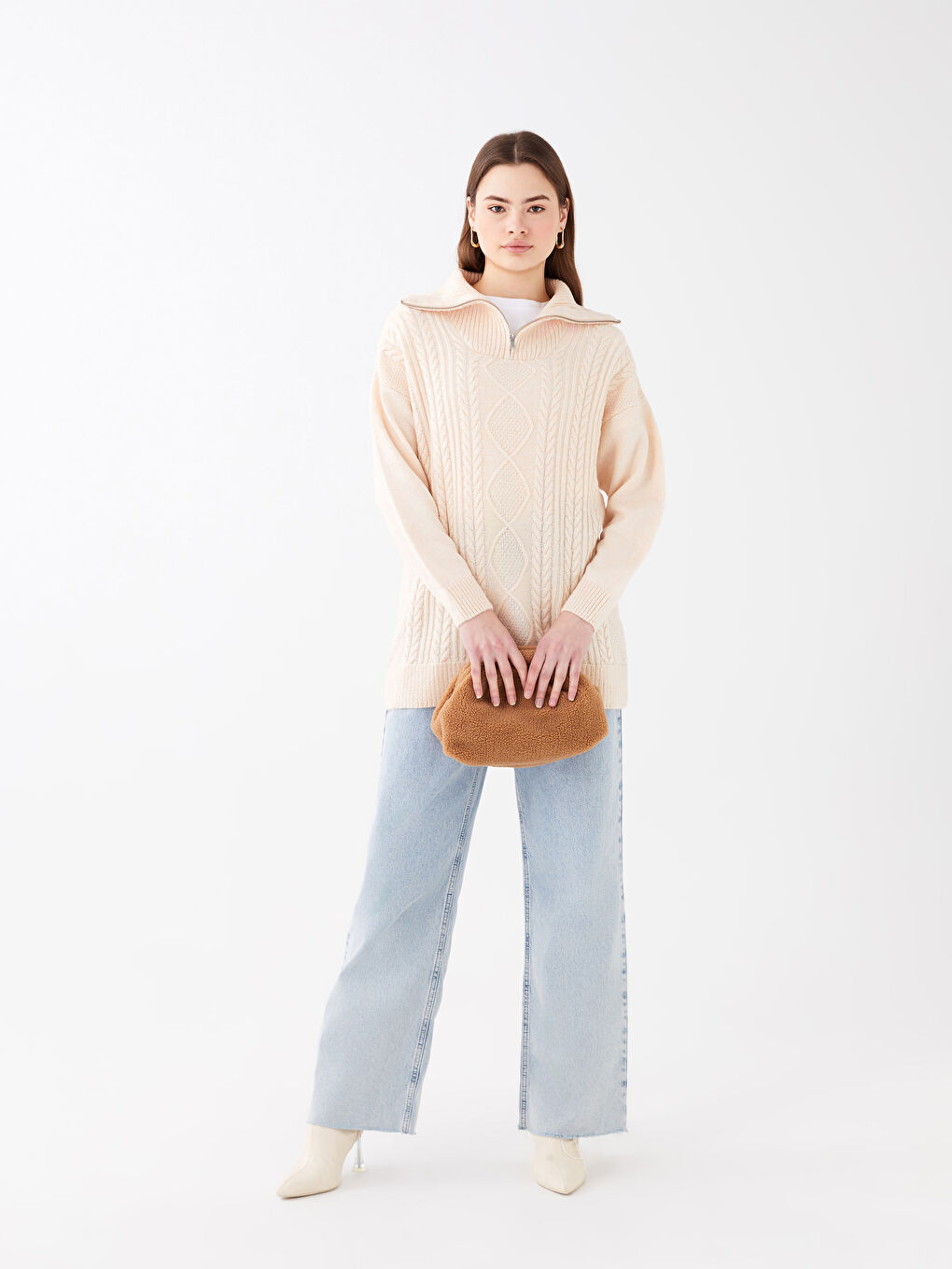 LCW Modest Polo Neck Patterned Long Sleeve Women's Knitwear Tunic. -W2H946Z8-SDG