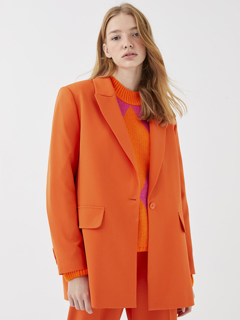 Turuncu Düz Uzun Kollu Kadın Blazer Ceket