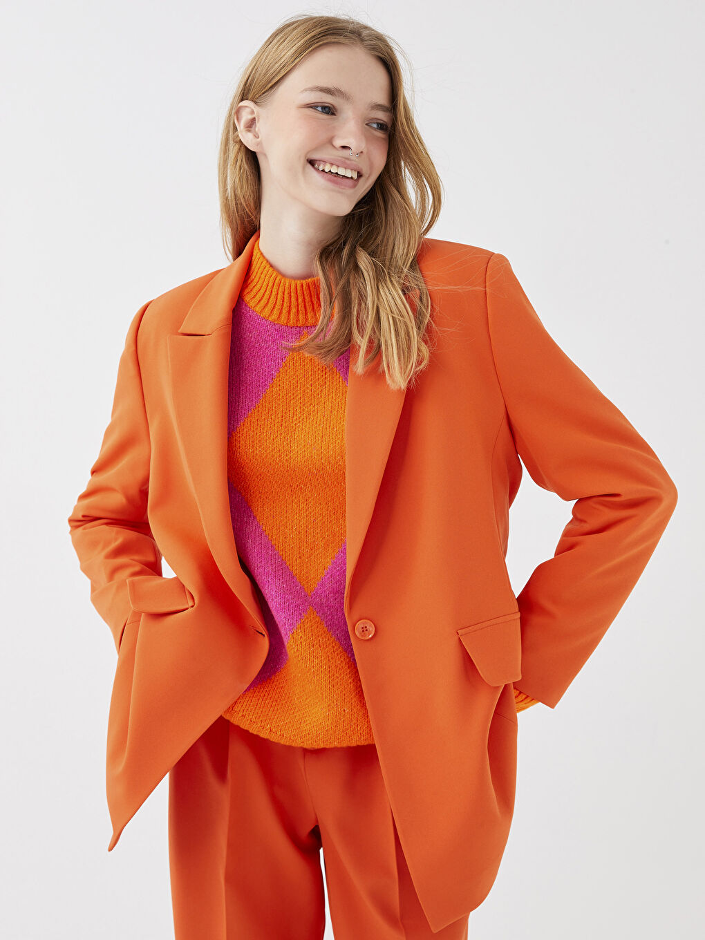 Turuncu Düz Uzun Kollu Kadın Blazer Ceket-1