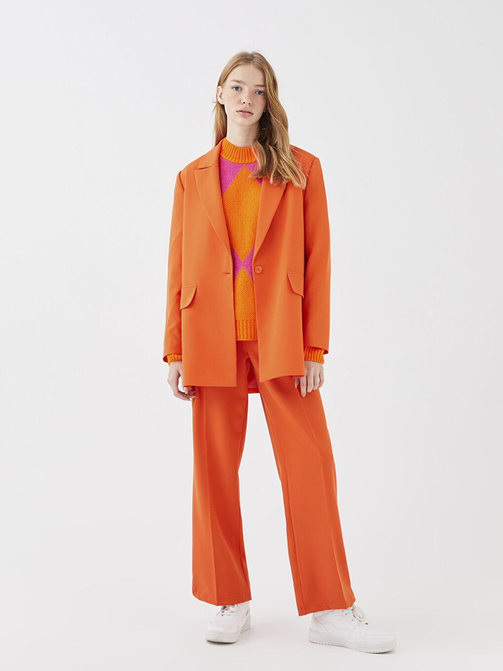 Turuncu Düz Uzun Kollu Kadın Blazer Ceket-2