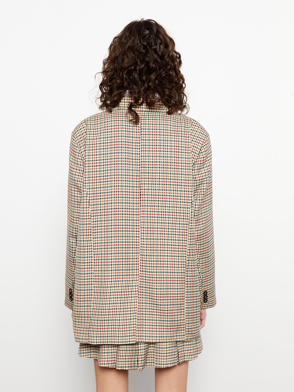 Bej Önden Düğme Kapamalı Ekose Uzun Kollu Kadın Ceket-7