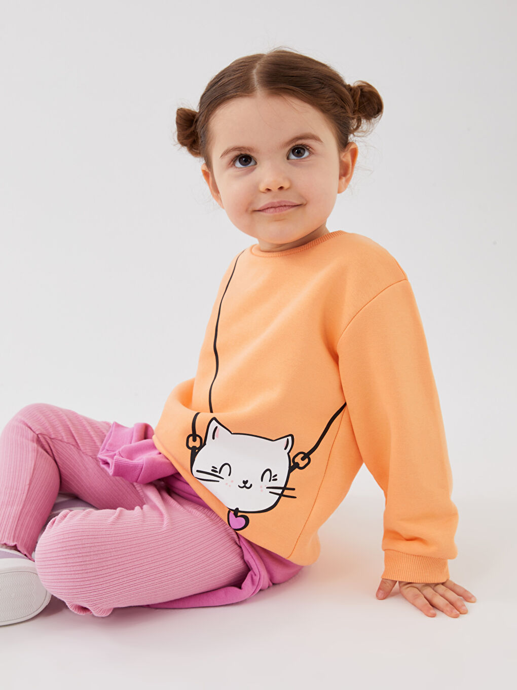 LCW baby Açık Turuncu Bisiklet Yaka Uzun Kollu Baskılı Kız Bebek Sweatshirt 2'li