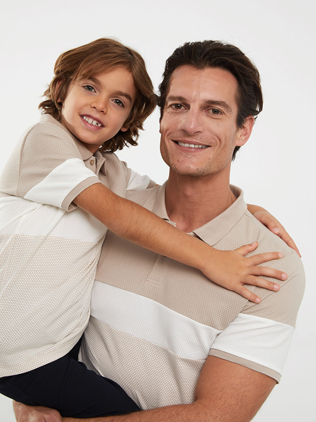 Bej Polo Yaka Renk Bloklu Kısa Kollu Erkek Çocuk Tişört Baba Oğul Kombini-3