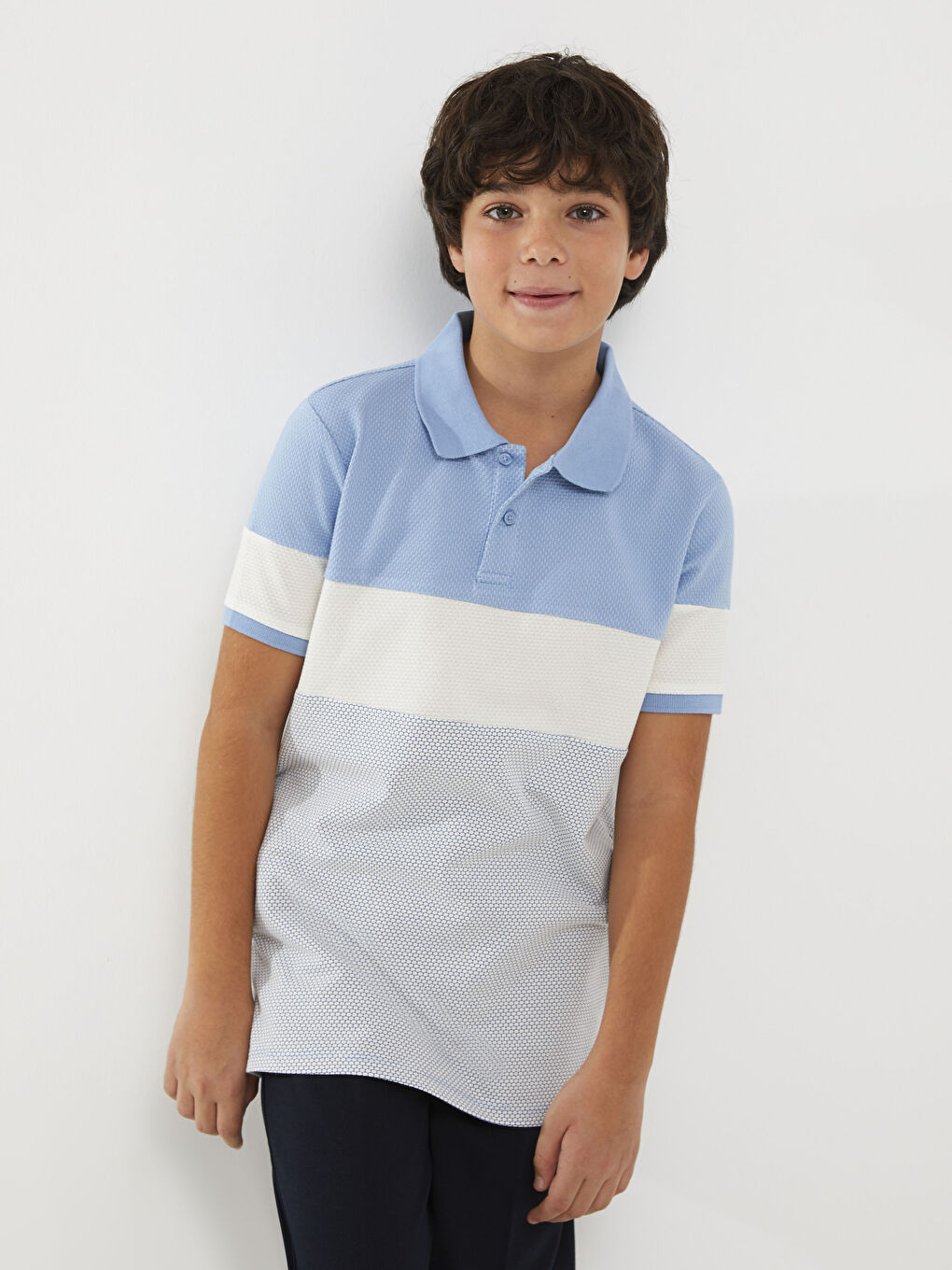 Mavi Polo Yaka Renk Bloklu Kısa Kollu Erkek Çocuk Tişört Baba Oğul Kombini-2