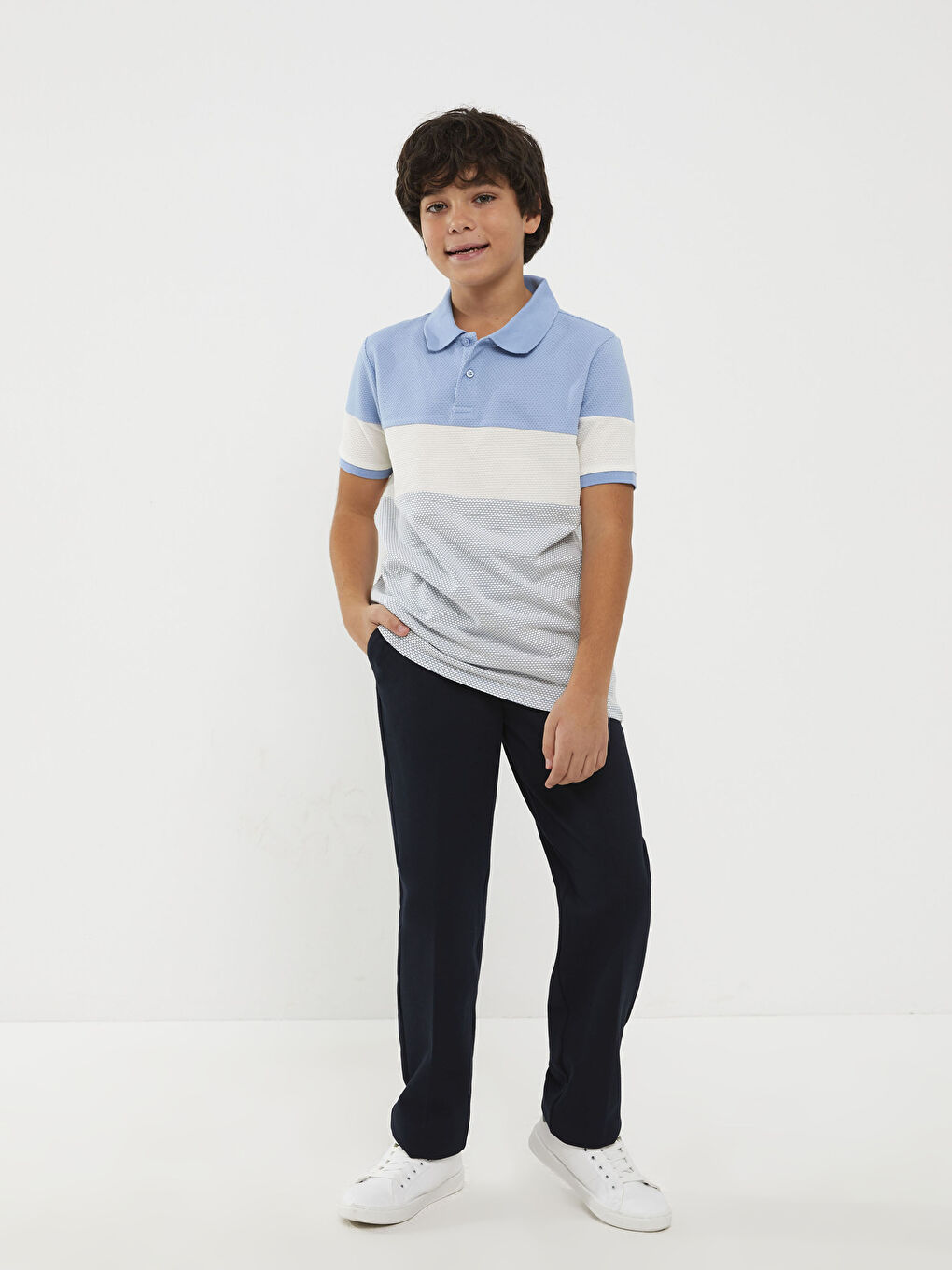 Mavi Polo Yaka Renk Bloklu Kısa Kollu Erkek Çocuk Tişört Baba Oğul Kombini-3