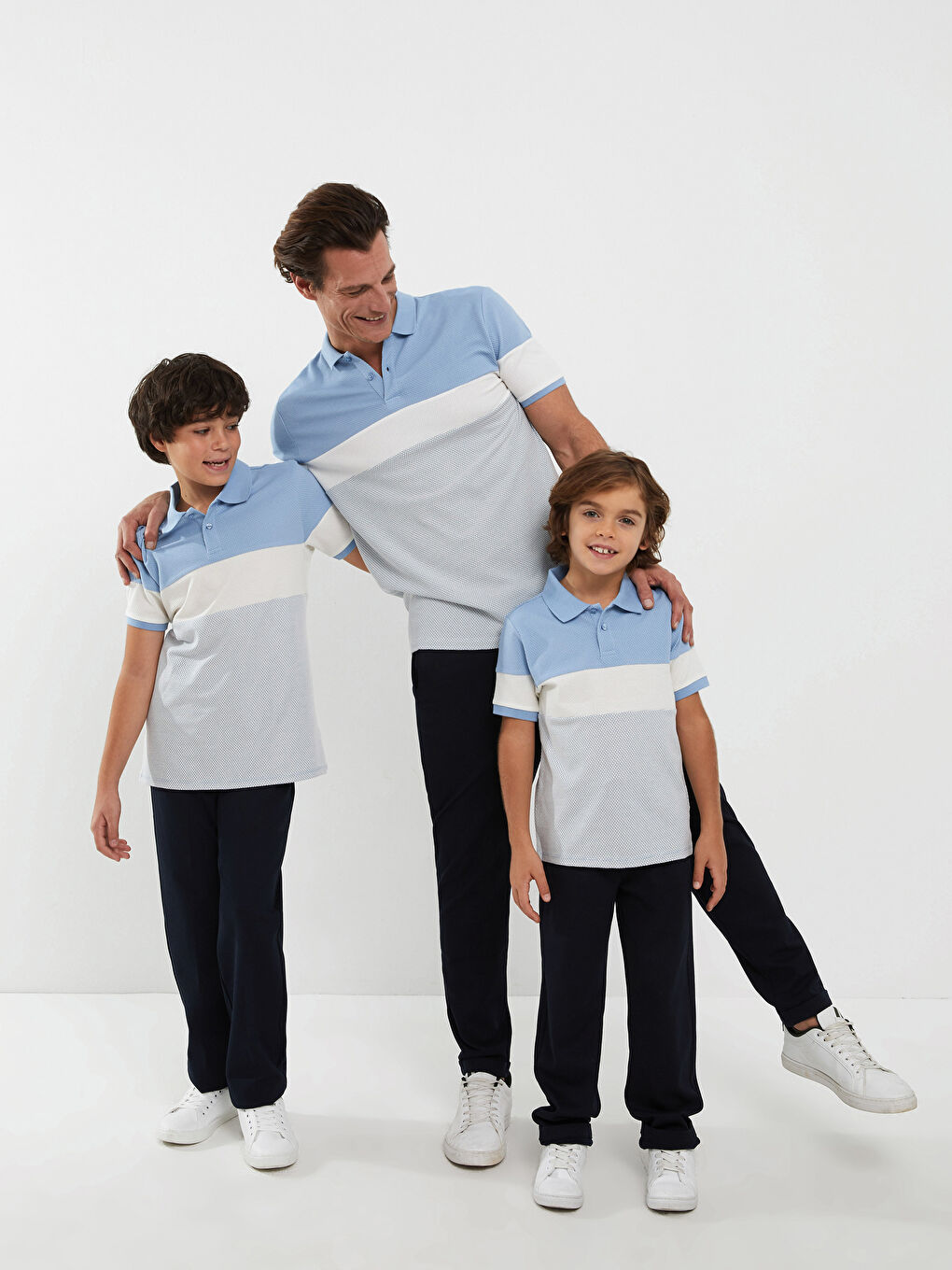 Mavi Polo Yaka Renk Bloklu Kısa Kollu Erkek Çocuk Tişört Baba Oğul Kombini-1