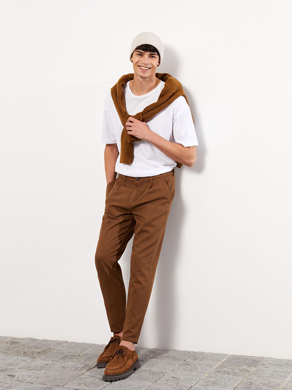 Kahverengi Rahat Kalıp Gabardin Erkek Pantolon