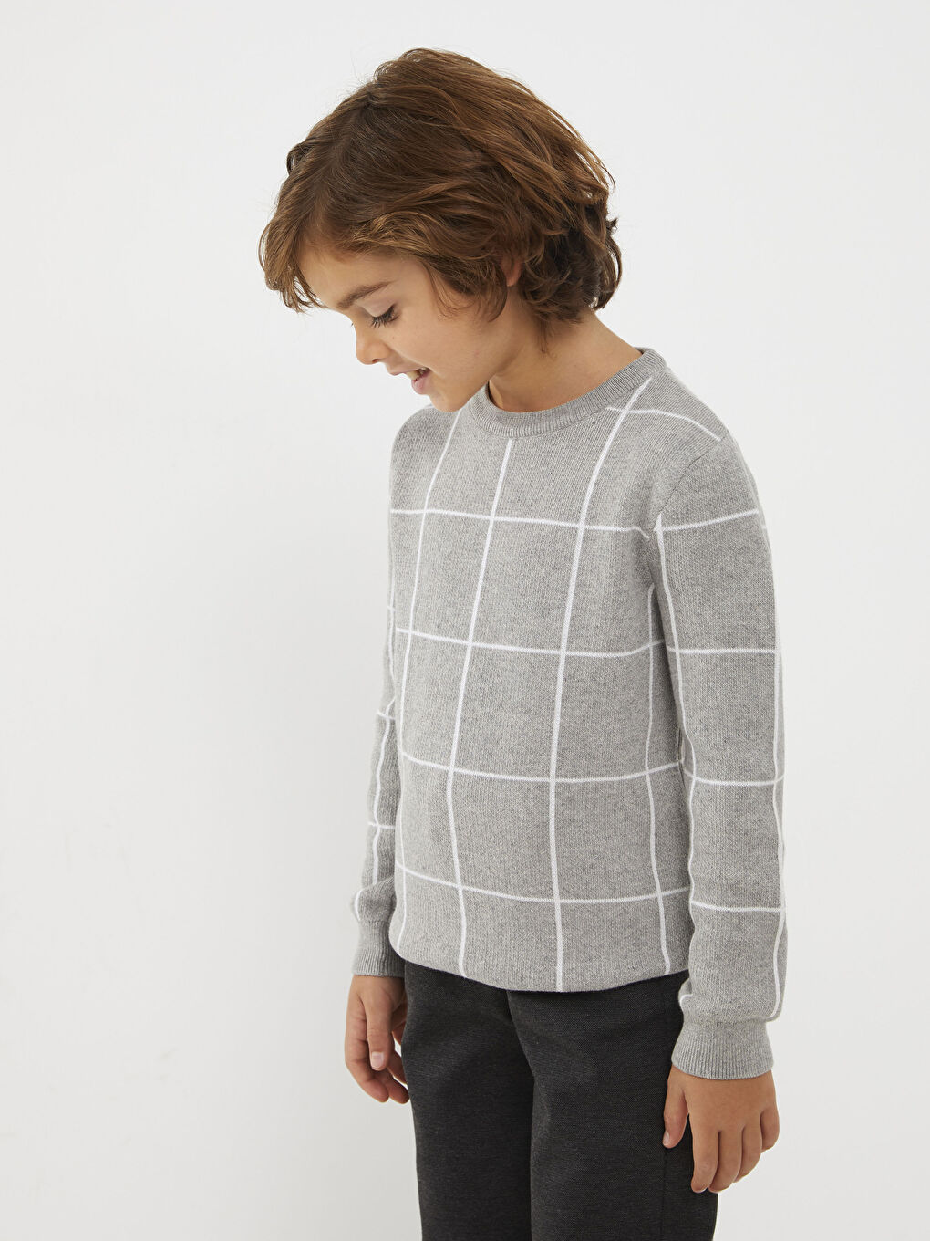 Gri Bisiklet Yaka Ekose Uzun Kollu Erkek Çocuk Triko Kazak Baba Oğul Kombini-2