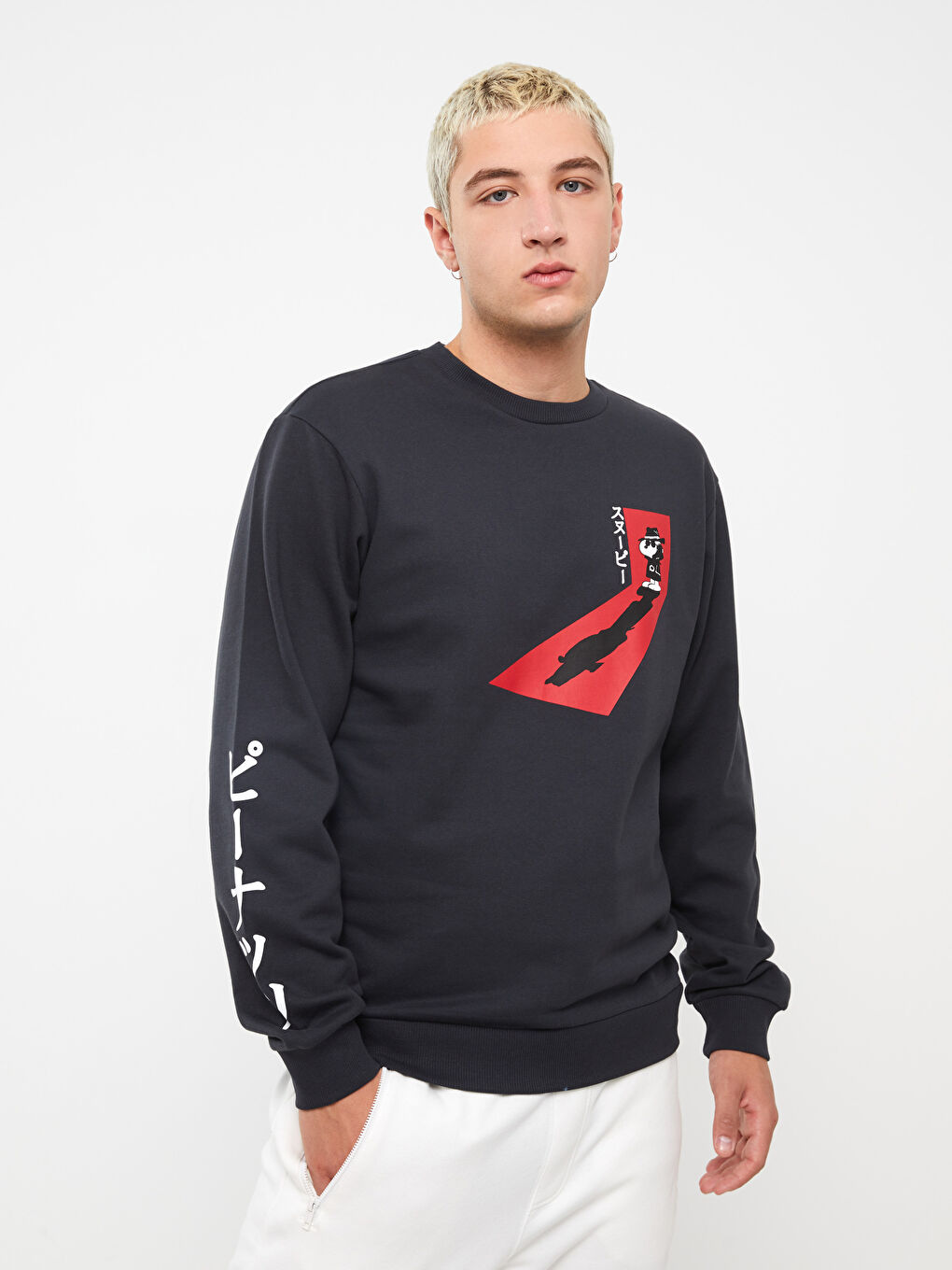 Antrasit Bisiklet Yaka Uzun Kollu Snoopy Baskılı Erkek Kalın Sweatshirt