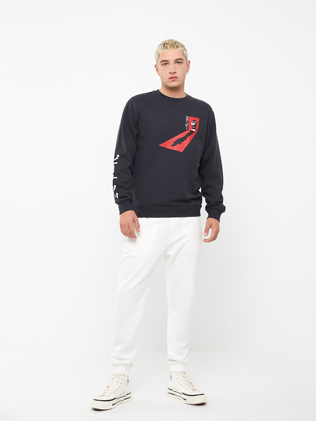 Antrasit Bisiklet Yaka Uzun Kollu Snoopy Baskılı Erkek Kalın Sweatshirt-1