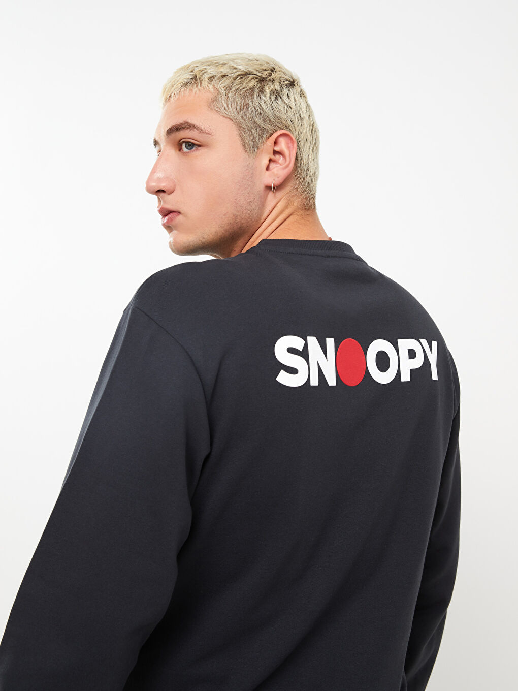 Antrasit Bisiklet Yaka Uzun Kollu Snoopy Baskılı Erkek Kalın Sweatshirt-2