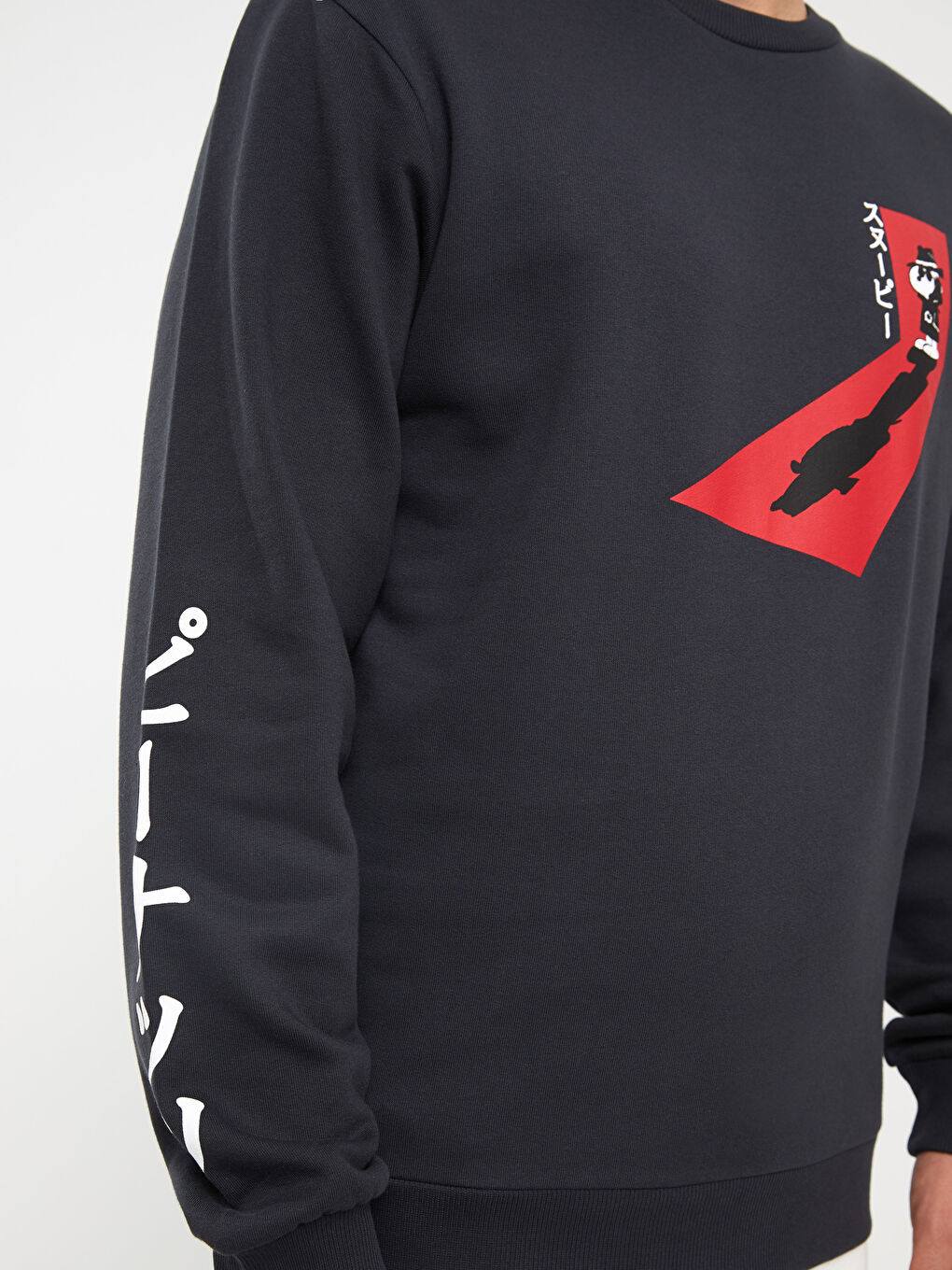 Antrasit Bisiklet Yaka Uzun Kollu Snoopy Baskılı Erkek Kalın Sweatshirt-3