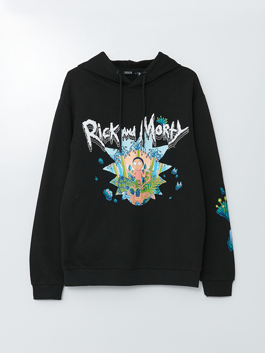 Siyah Uzun Kollu Rick and Morty Baskılı Erkek Kalın Hoodie