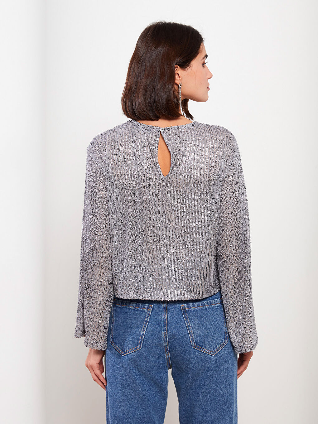Gri Bisiklet Yaka Pul Payet İşlemeli Uzun Kollu Kadın Bluz-8