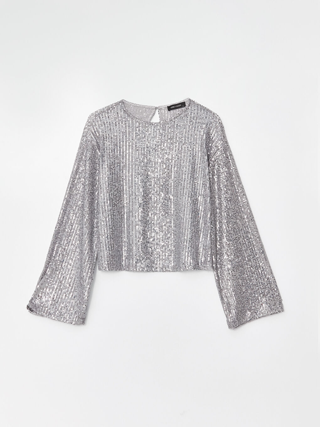 Gri Bisiklet Yaka Pul Payet İşlemeli Uzun Kollu Kadın Bluz-9